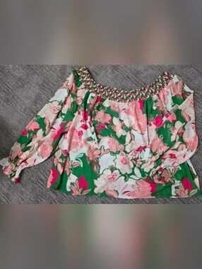 NWT Blouse Floral Resortwear Vacation Party Plus Size 3X Pink Green Preppy
